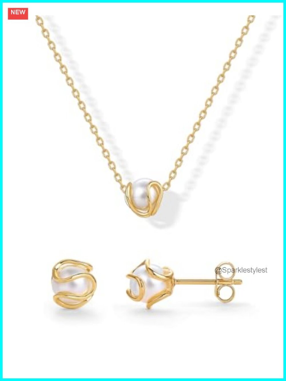 14K Gold Plated Caged Pearl Necklace & Earrings Jewelry Set